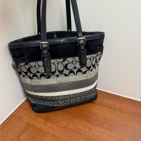 Coach Signature Stripe Mixed Media Medium Tote F11529 Shoulder HandbagAuthentic - Picture 3 of 12